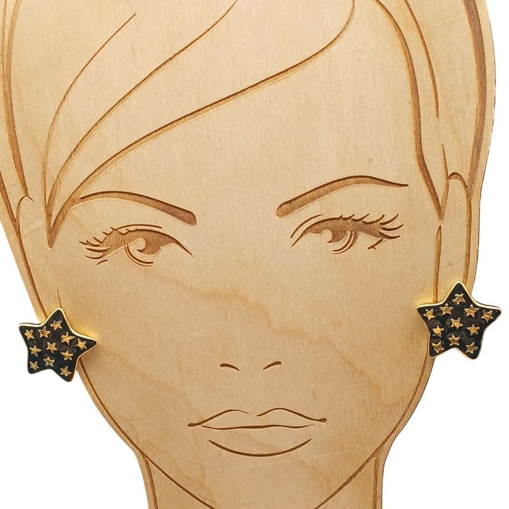 Vintage GJD Gold Star Clip-On Earrings with Black Enamel